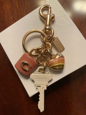 Coach Gold-Tone Key Ring with Pink Cube, Striped Heart & White Key Charm